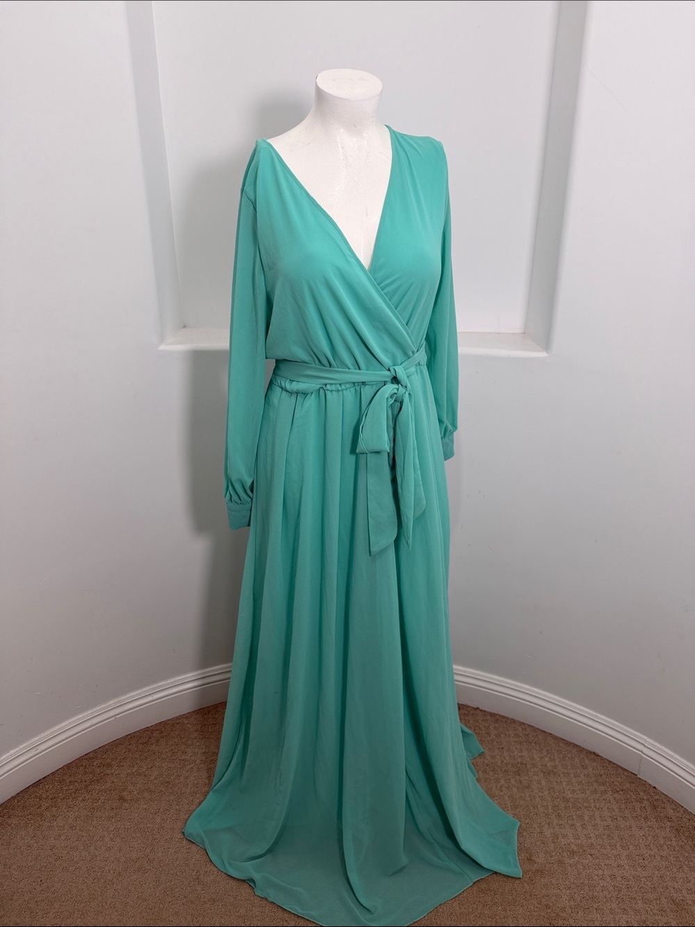 Pinkblush Long Sleeve Sash-Tie Chiffon Maxi Dress  Sage Green Cocktail Size 3XL
